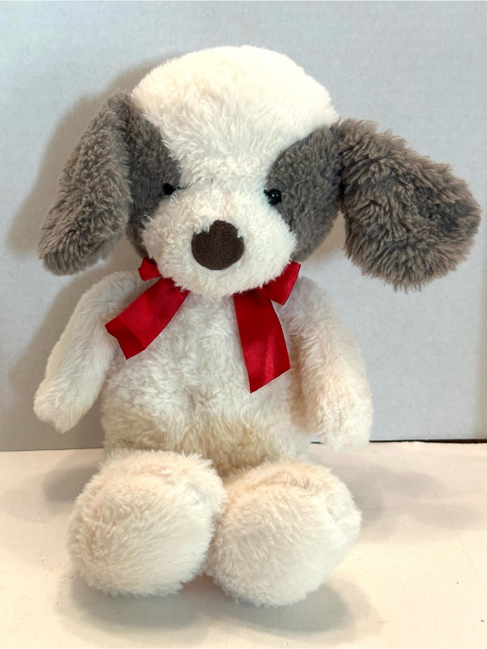 Walmart Holiday Puppy Cream Gray Dog Plush with Red Bow